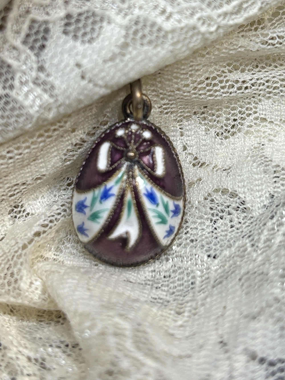 Purple Enamel 925 Silver Drop Pendant - Vintage-Style Russian Imperial Egg